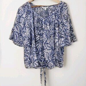 Counterparts Top Womens L White Blue Floral SS Button Tie Front Cottage Light